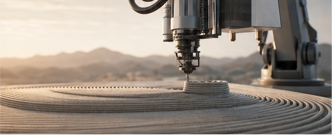 Robotic fabrication head building concentric layers of material in a sunlit landscape.