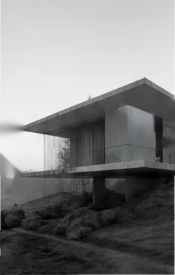 CGI study of a concrete coastal house on a rocky site.