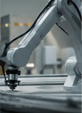 Industrial robotic arm working above a fabrication table.