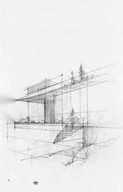Architectural perspective drawn in fine pencil lines.