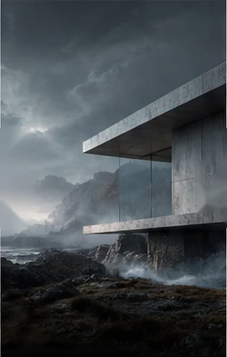 Coastal architecture beneath a dramatic cloud-filled sky.
