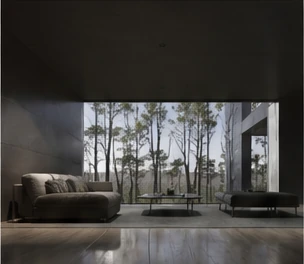Quiet, shaded interior opening onto a woodland garden.