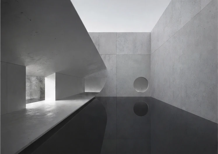 Concrete interior with a circular opening and a still reflecting pool.
