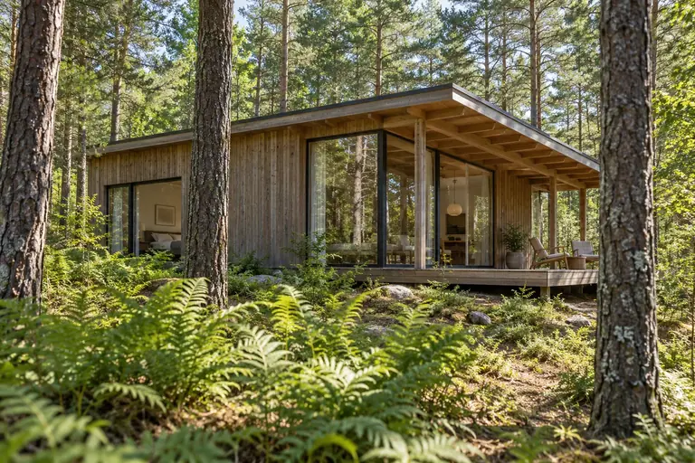 A quiet timber retreat surrounded by forest and filtered daylight.