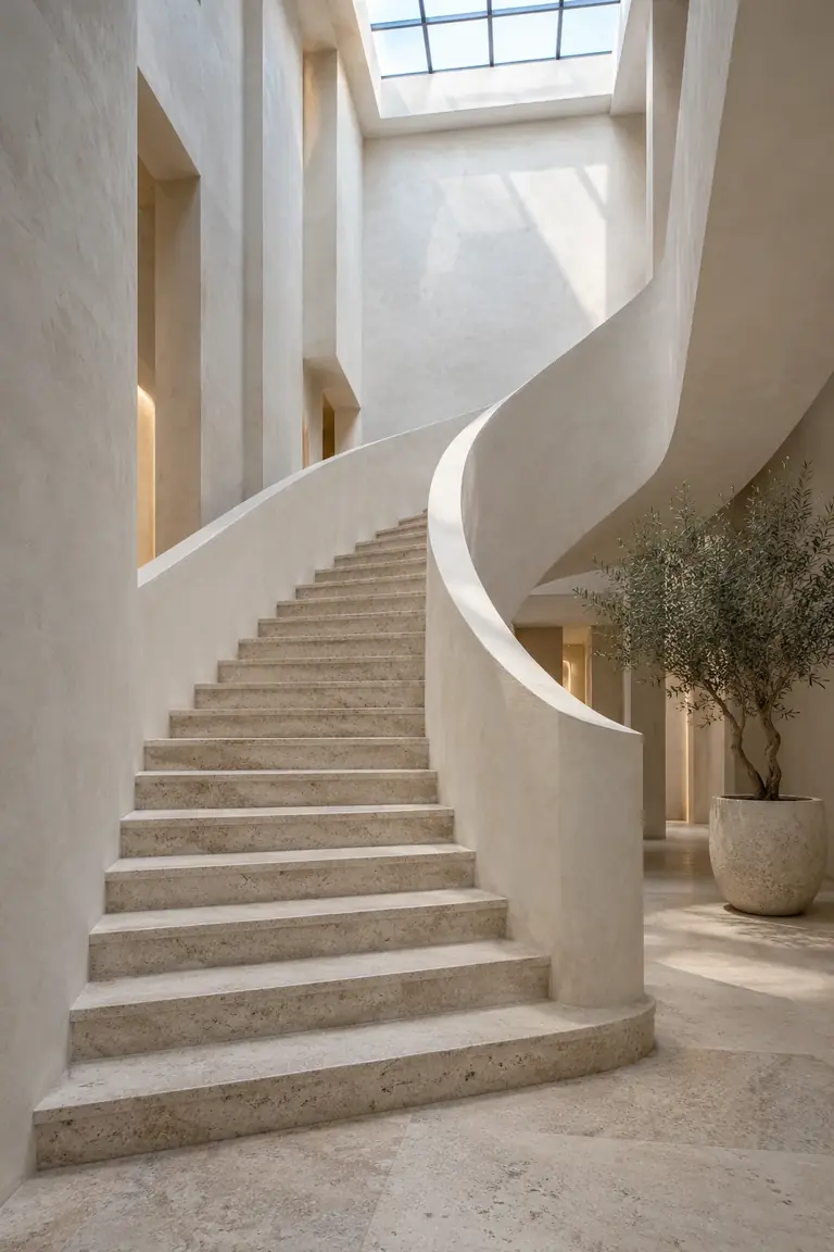 A sculptural plaster stair rising through a tall, light-filled interior.