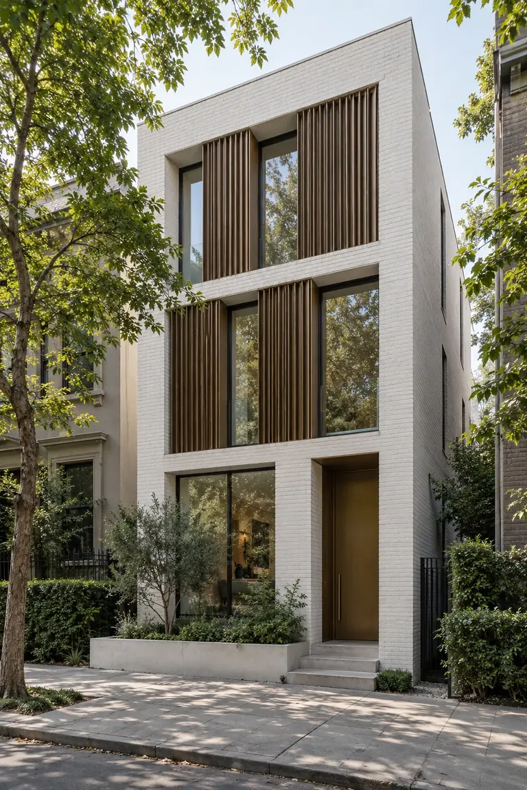 A narrow white-brick townhouse with timber screens and street planting.