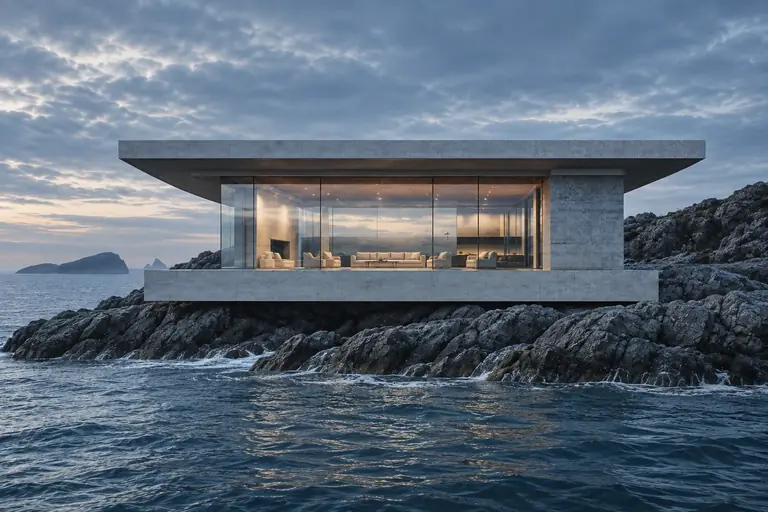 A low concrete and glass pavilion above a rocky coastline at dusk.