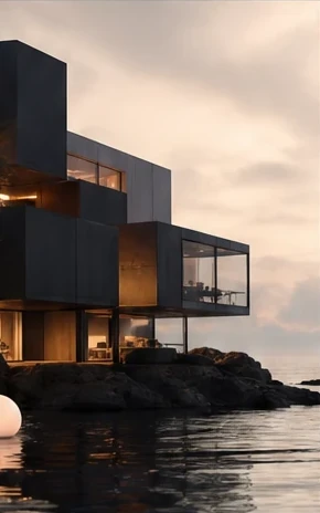 A residence of stacked dark volumes on rocks at the water's edge, lit at dusk.