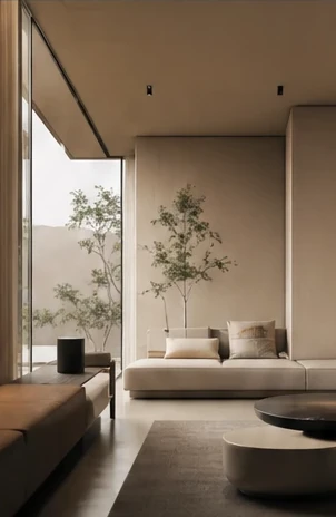 A warm-toned living room opening to a garden through full-height glass.