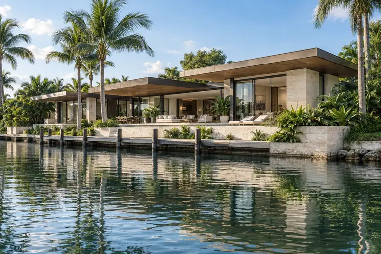 A sunlit coral-stone canal house with bronze roof overhangs and tropical palms.