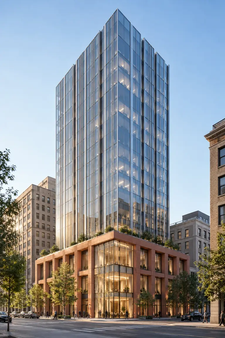 A slender glass office tower above a warm terracotta podium in morning city light.