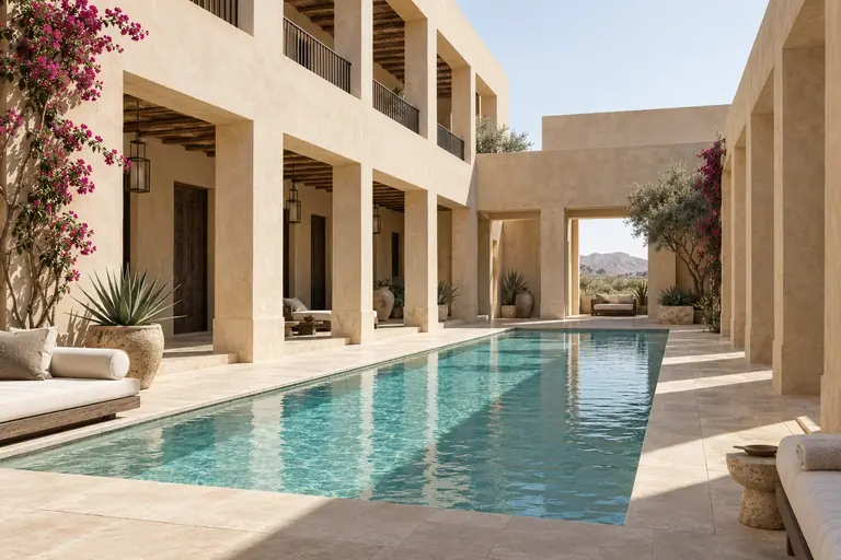 A sunlit resort courtyard with lime-plaster colonnades, a pool and desert planting.