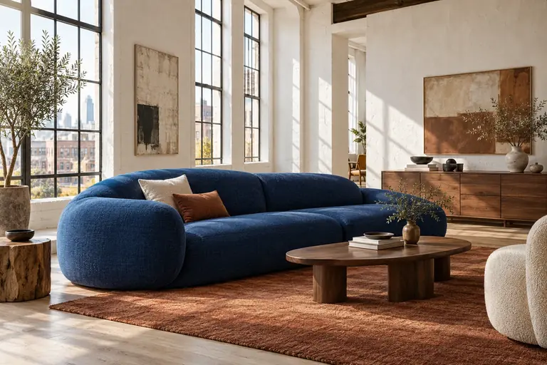 A cobalt-blue sofa and burnt-sienna rug in an airy, sunlit walnut-furnished loft.