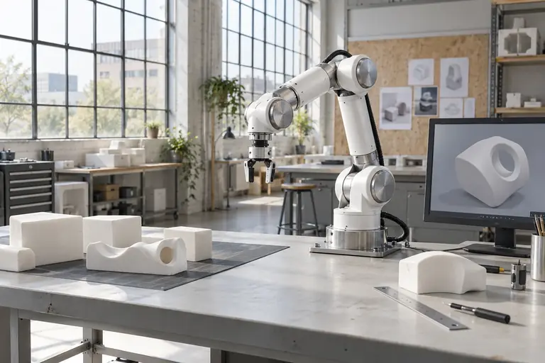 A pearl-white robotic arm and physical prototypes in a bright industrial design workshop.